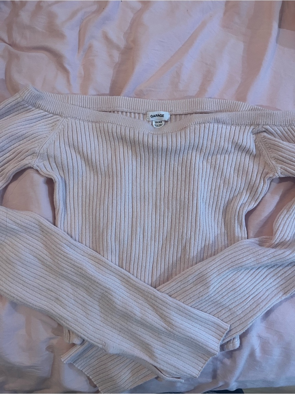 Garage Ribbed Off-Shoulder Sweater Top - light pink color
